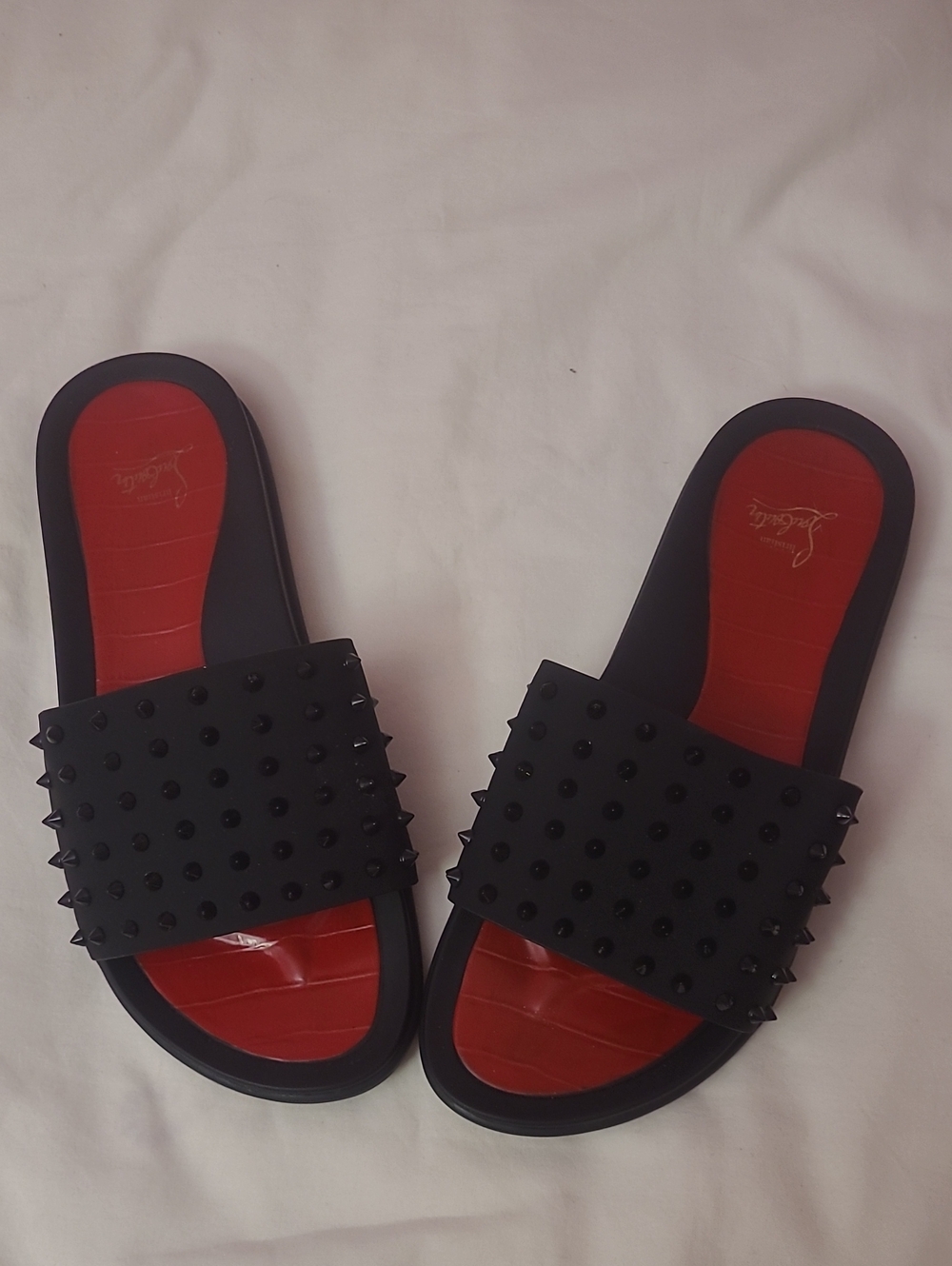 Christian Louboutin Black Studded Slide Sandals with Red Footbed